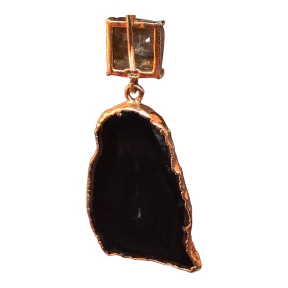 Labradorite and Black Agate Slice gold plated one of a kind wire back Earrings - Picture 8 of 8